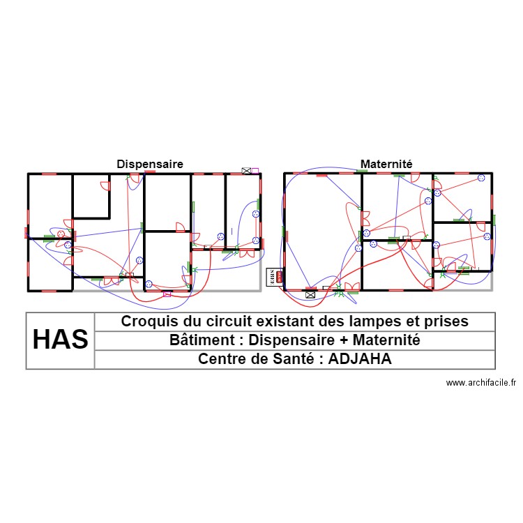 CROQUIS CIRCUIT EXISTANT DES LAMPES ET PRISES  DISPENSAIRE MATERNITE CS ADJAHA. Plan de 16 pièces et 89 m2