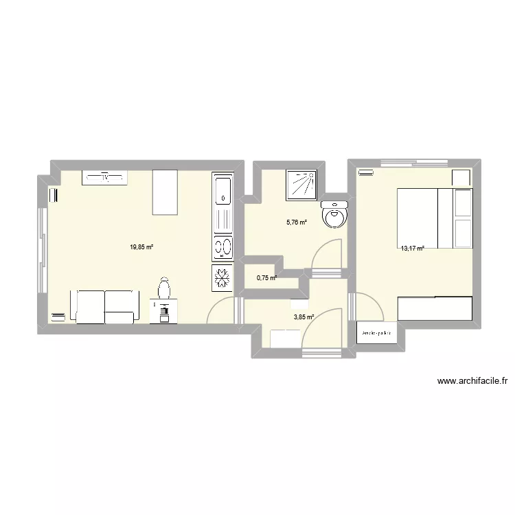 Appart 19e. Plan de 5 pièces et 43 m²