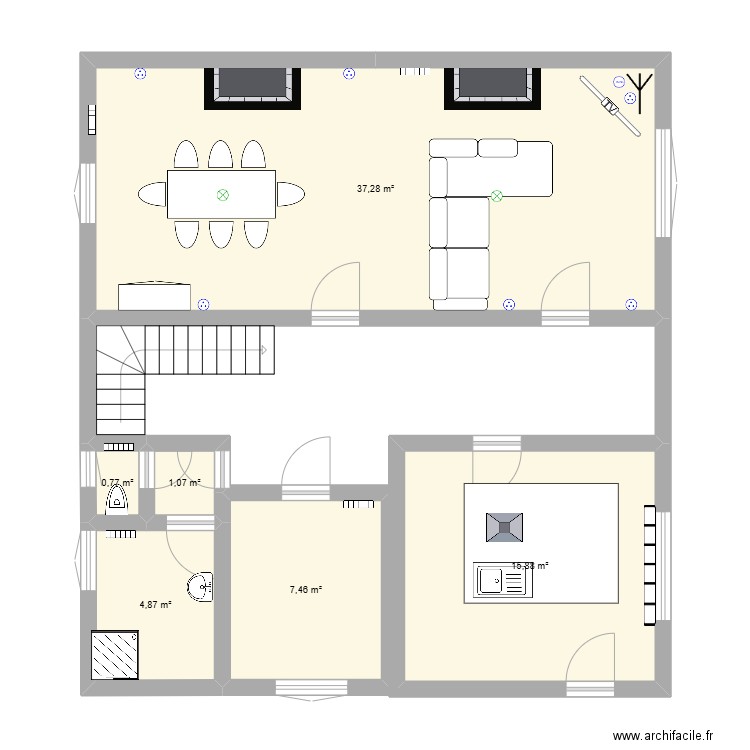 rez de chaussé. Plan de 6 pièces et 67 m2