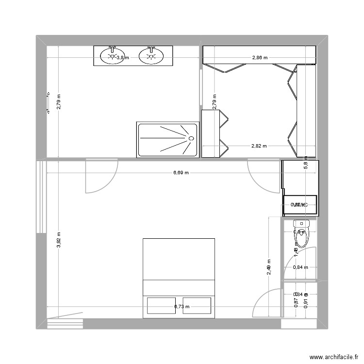 Suite parentale. Plan de 2 pièces et 45 m2