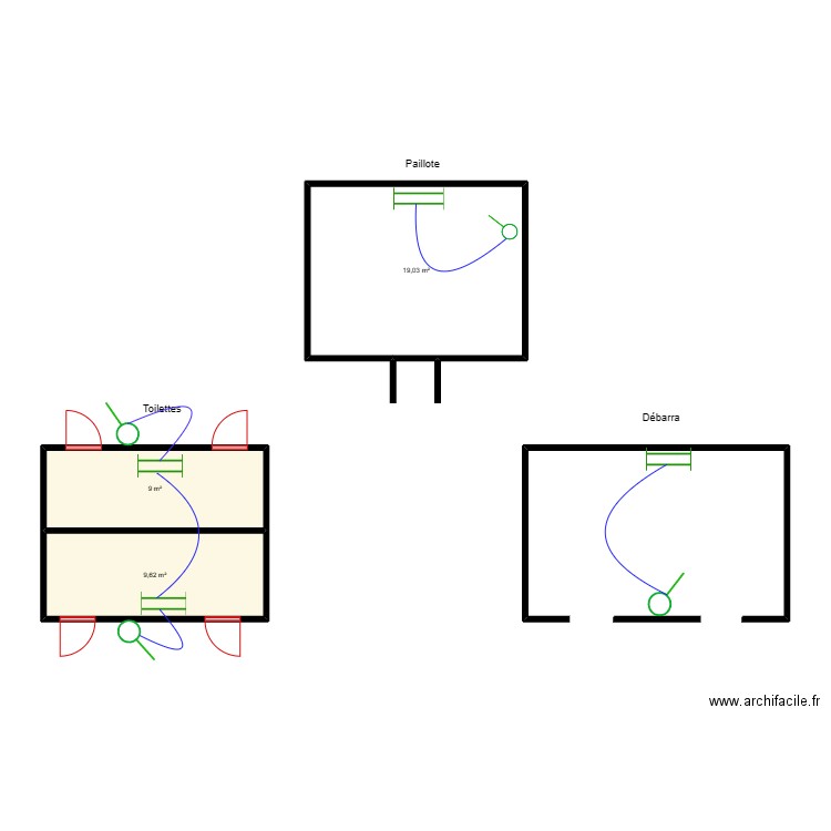 circuit lumiere toillette paillotte debarra de MANONKPON. Plan de 3 pièces et 38 m2