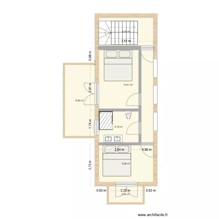 1er etage maison. Plan de 6 Pièces et 46 m² 1er etage maison. Plan de 6 Pièces et 46 m²
