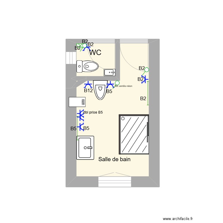 salle de bain. Plan de 3 pièces et 6 m2