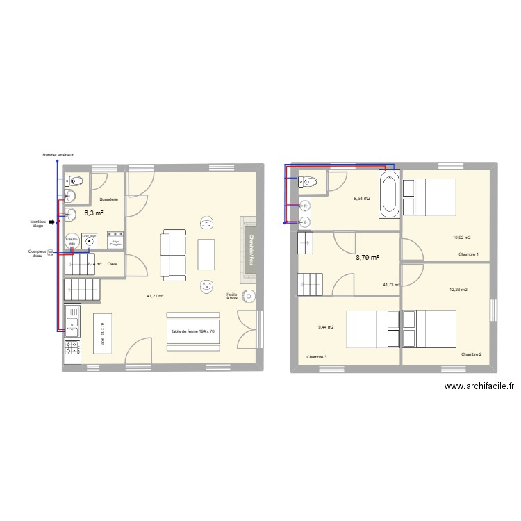 Plomberie. Plan de 5 pièces et 100 m2