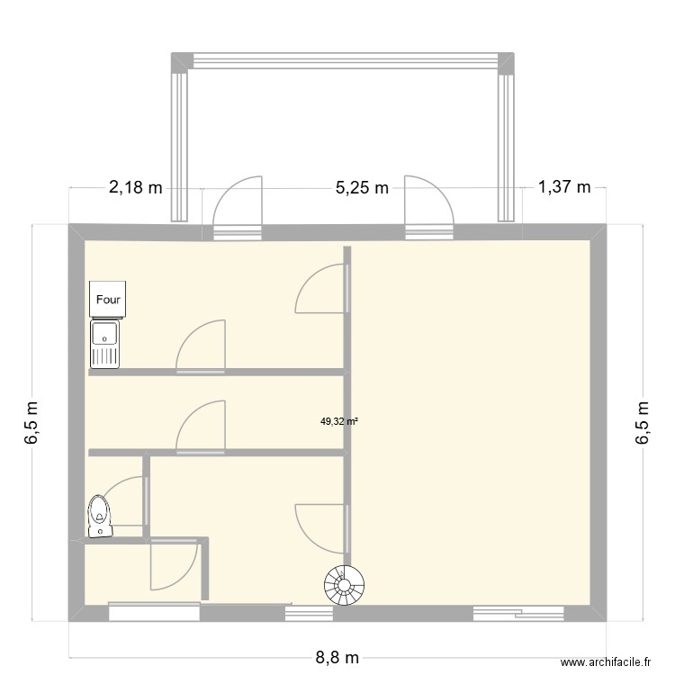 RDC. Plan de 1 pièce et 49 m2