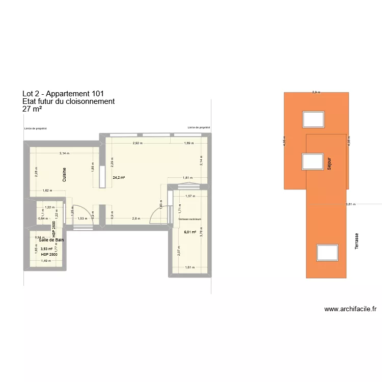 App 101 DP futur int&eacute;rieur. Plan de 3 Pièces et 34 m²