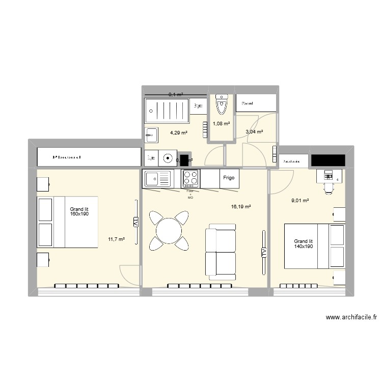 T&C - Version T3 meublé. Plan de 9 pièces et 46 m2