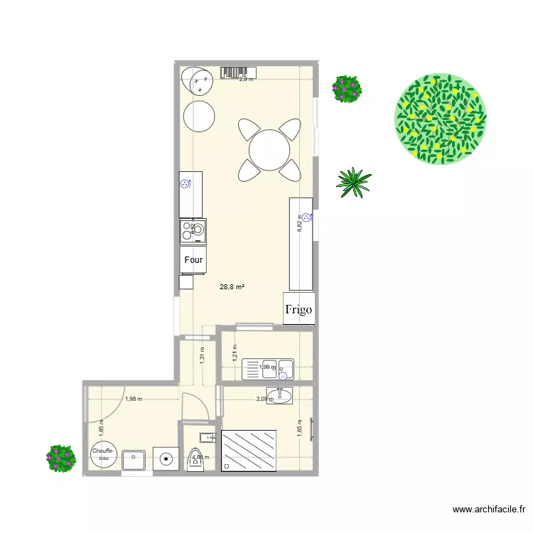 AMENAGEGEMENT CUISINE SDDOUCHE WC ET BUANDERIE. Plan de 1  et 29 m²