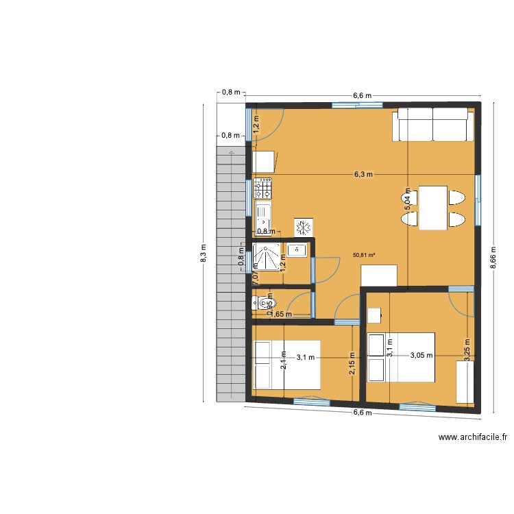 esc. Plan de 1 pièce et 51 m2