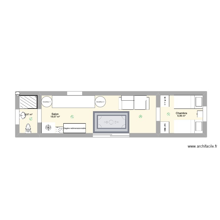 conteneur. Plan de 3 pièces et 29 m2