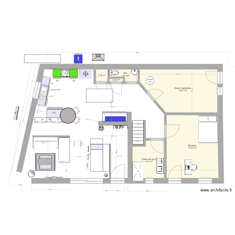 cuisine bis. Plan de 14 pièces et 143 m2