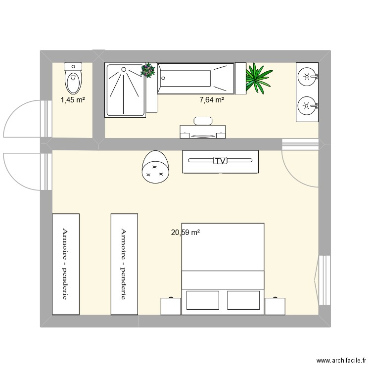 v2 salle de bain master bed. Plan de 3 pièces et 30 m2