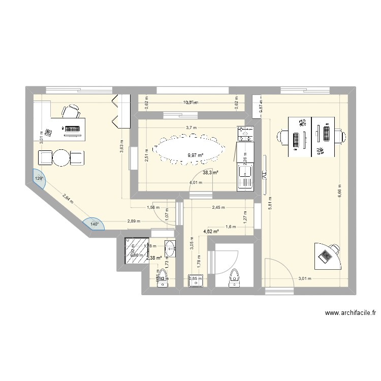 aaaaa. Plan de 4 pièces et 55 m2