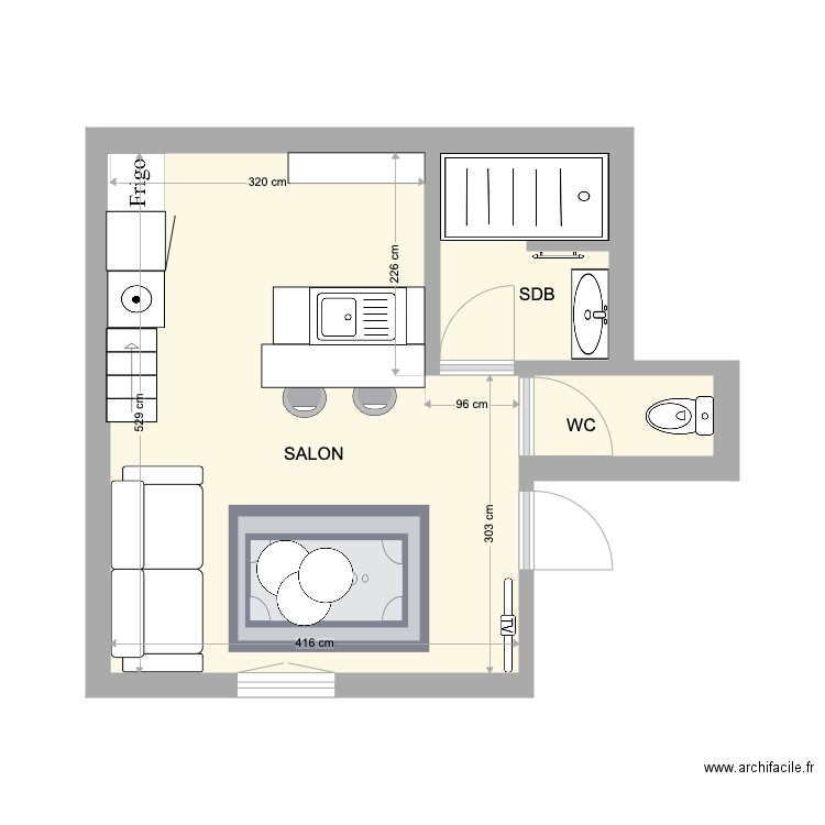 MARIGNAN APPT GAUCHE. Plan de 3 pièces et 25 m2