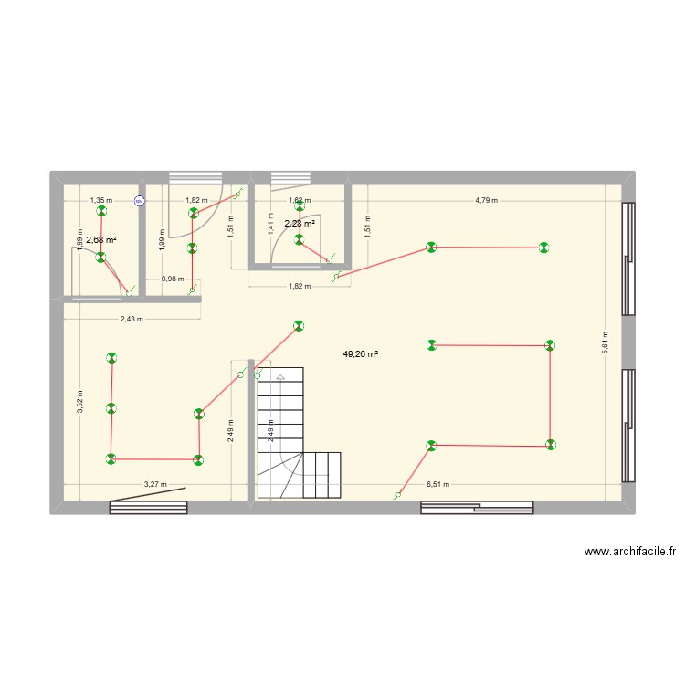 spots et interrupteurs. Plan de 3 pièces et 54 m2