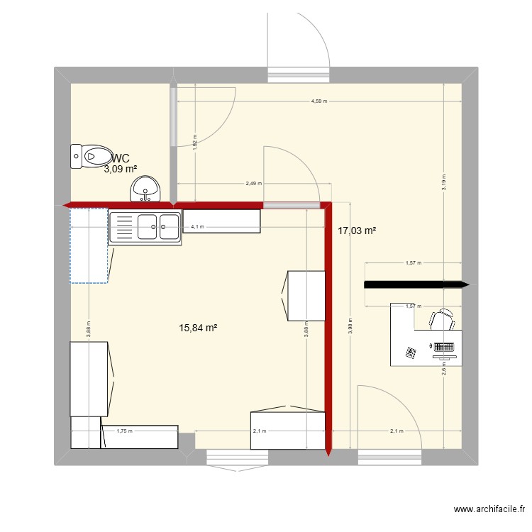 labo_Montoy_amenagement. Plan de 3 pièces et 36 m2