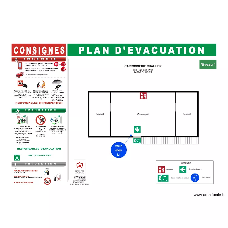 Plan d'&eacute;vacuation NIV 1 CHALLIER. Plan de 3  et 64 m²