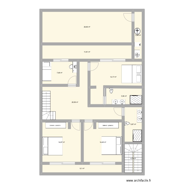 Plan R+1 TL. Plan de 12 pièces et 136 m2