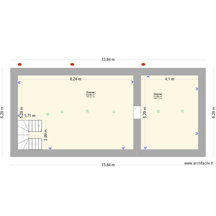 Les Rémouleurs Grenier. Plan de 2 pièces et 65 m2