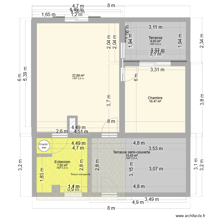 APRES TRAVAUX. Plan de 6 pièces et 60 m2