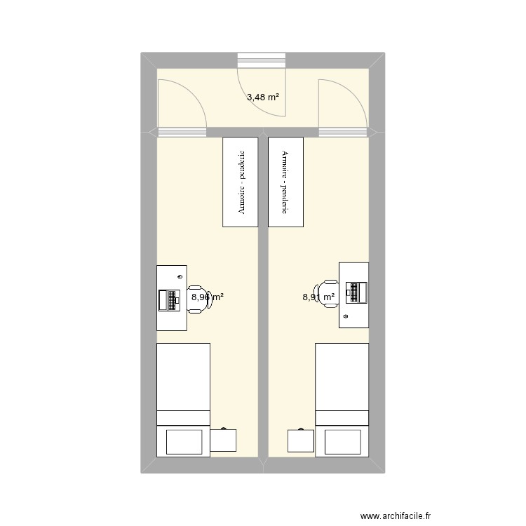 P002 Chambre deux. Plan de 3 pièces et 21 m2