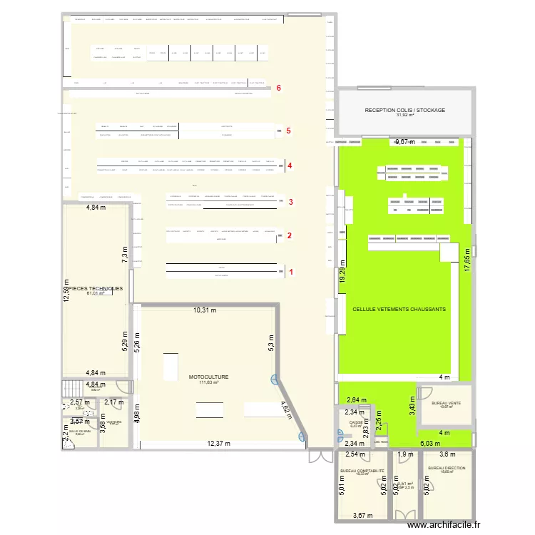 Zonage Magasin 2026. Plan de 15  et 889 m²