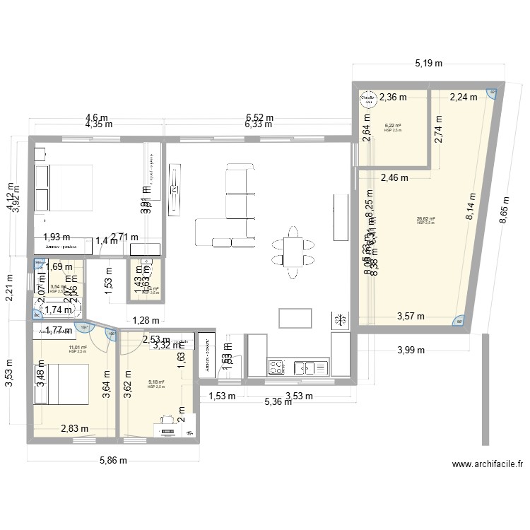 plan 3 Sand. Plan de 6 pièces et 58 m2