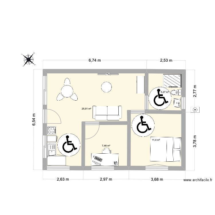 T2 2 chambres. Plan de 4 pièces et 50 m2