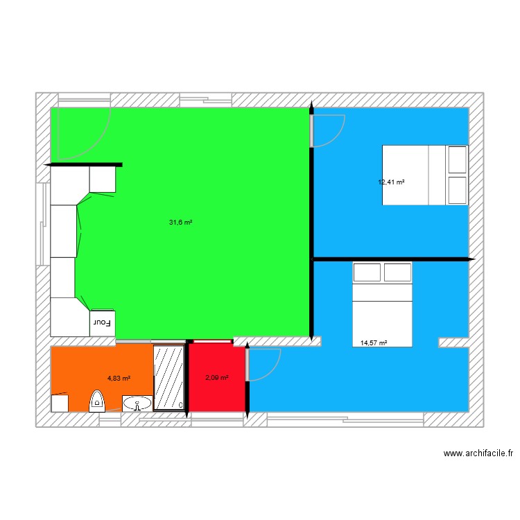 plan 01. Plan de 5 pièces et 66 m2
