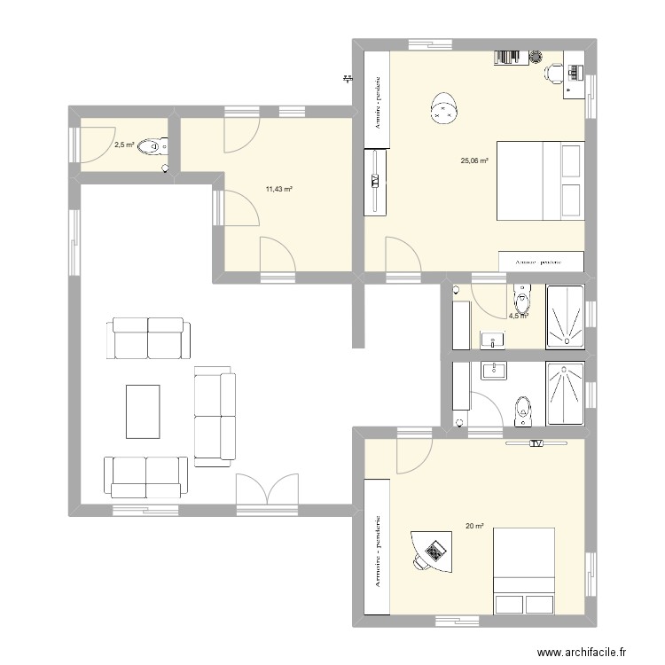 2 chambres salon. Plan de 5 pièces et 64 m2