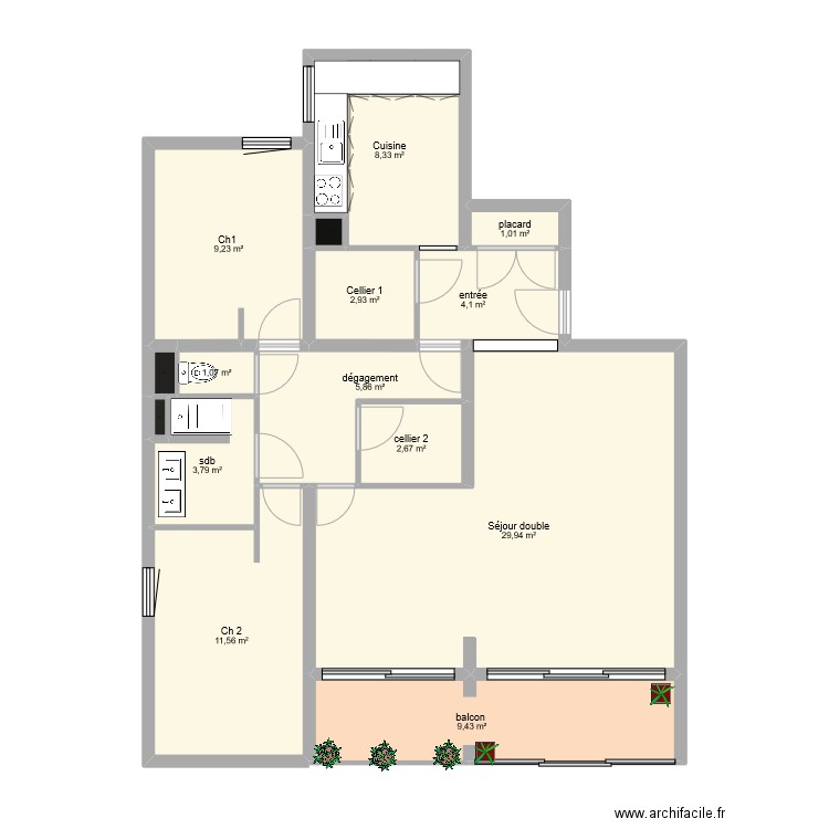 pisapiaT4 plantiers. Plan de 15 pièces et 91 m2