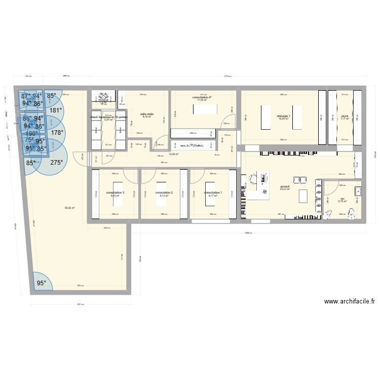 clinique 1. Plan de 16 pièces et 182 m2