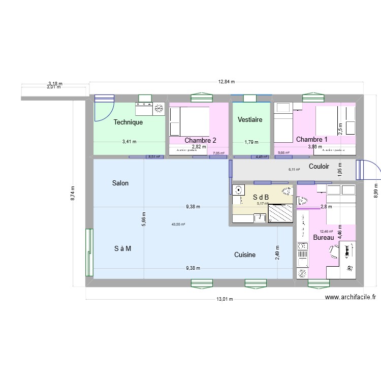 Maison 100m2 04. Plan de 8 pièces et 97 m2