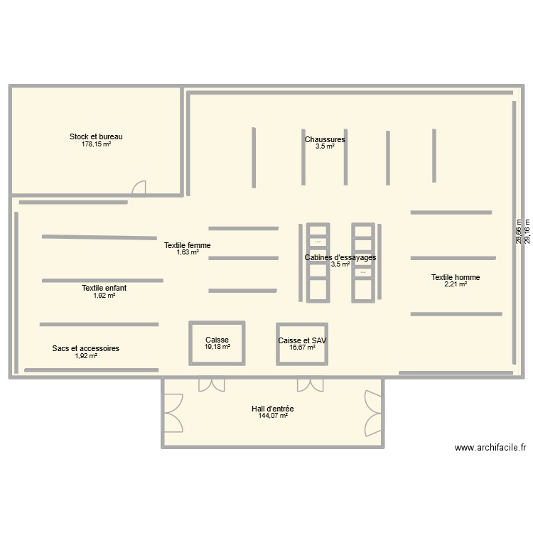 Espace des marques. Plan de 15 pièces et 1645 m2