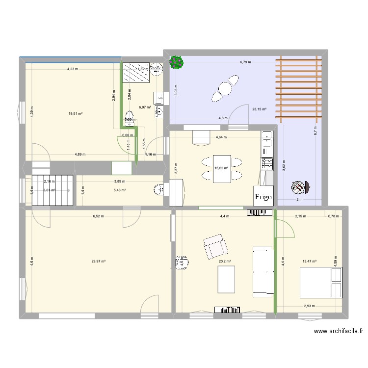 existant. Plan de 9 pièces et 142 m2
