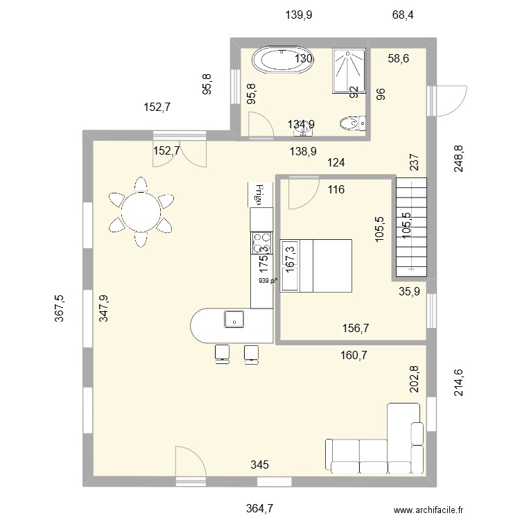 RDC apres. Plan de 1 pièce et 87 m2