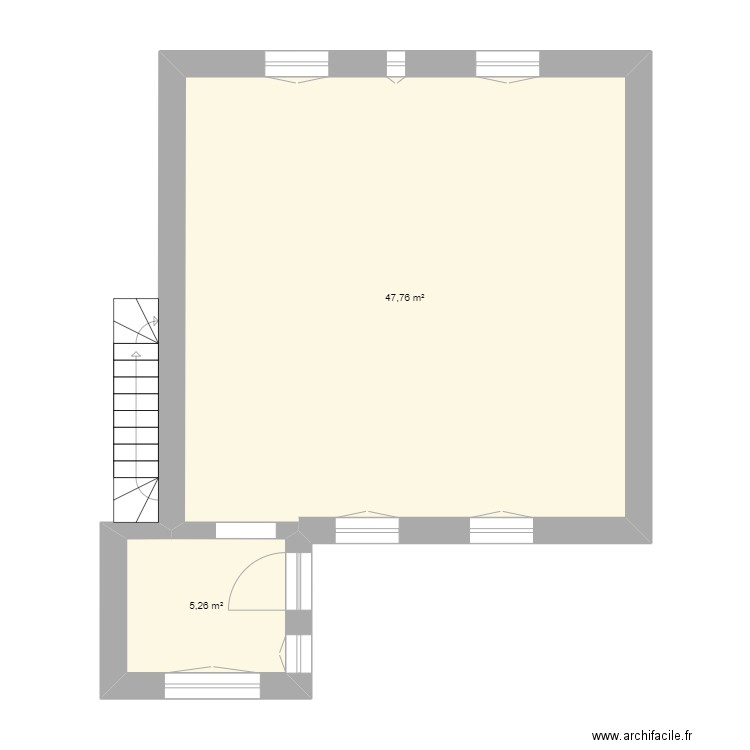 RDC original. Plan de 2 pièces et 53 m2