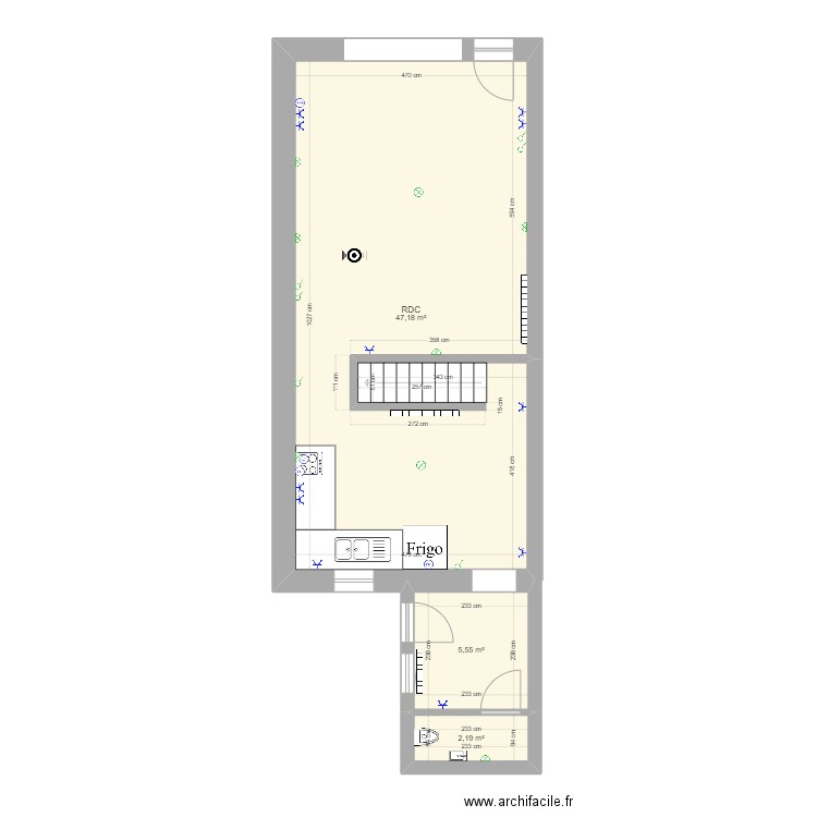 Montigny 110 RDC. Plan de 3 pièces et 55 m2