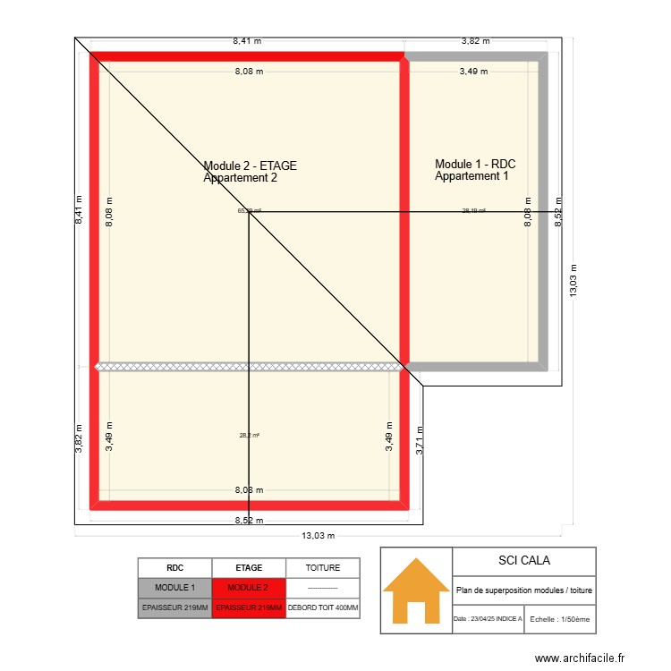 SCI CALA - PLAN SUPERPOSITION MODULES ET TOITURE. Plan de 3 pièces et 122 m2