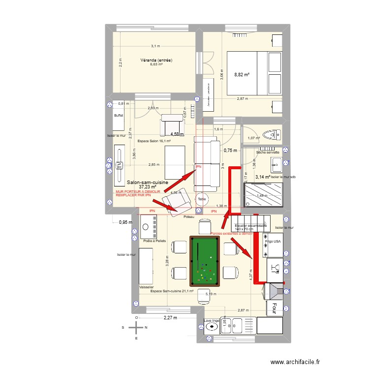 Garluche cuisine chambre avec étage et travaux V3. Plan de 5 pièces et 57 m2