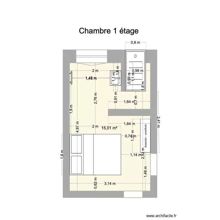 chambre petite. Plan de 1 pièce et 15 m²
