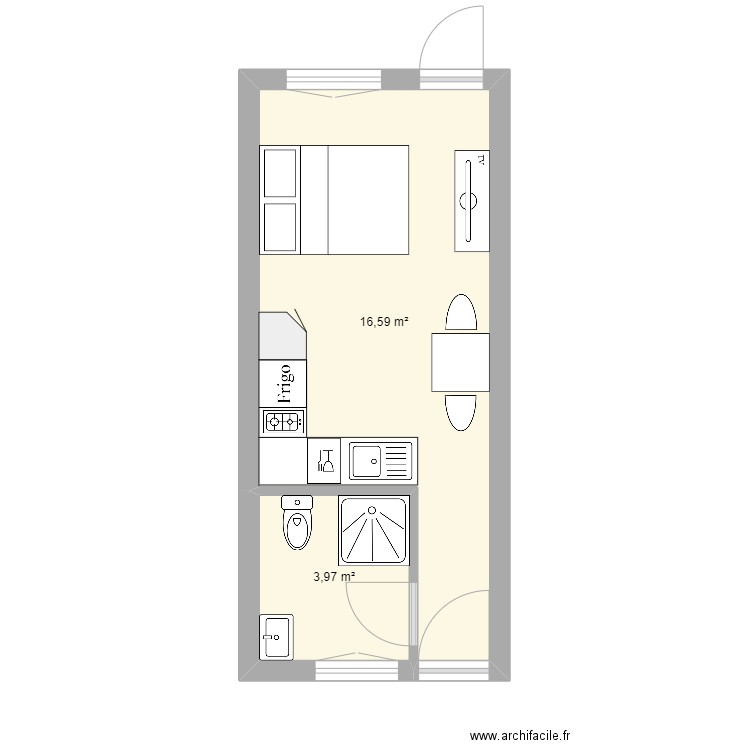 Studio. Plan de 2 pièces et 21 m2