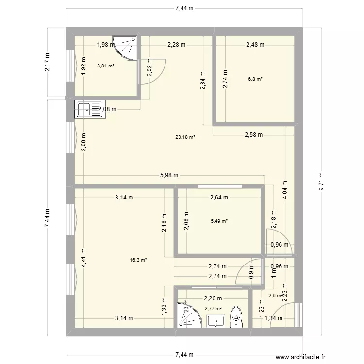 Croix-paquet mesure Dav cible. Plan de 7  et 61 m²