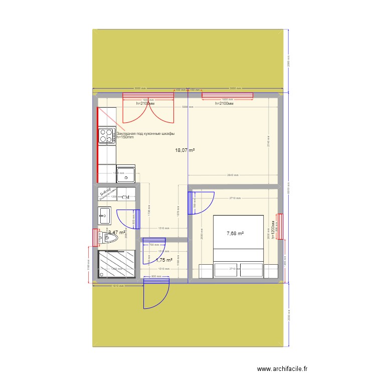  36 Пушкино. Plan de 6 pièces et 52 m2