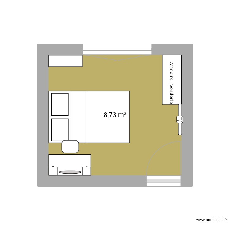 Chambre méli. Plan de 1 pièce et 9 m2