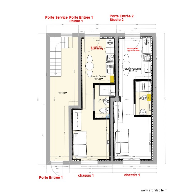 immeuble 1 RDC V2-d 2 studios. Plan de 5 pièces et 66 m2