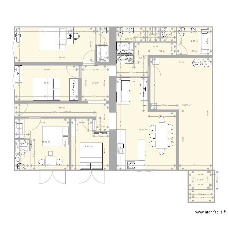 projet-RDC-V8. Plan de 16 pièces et 128 m2