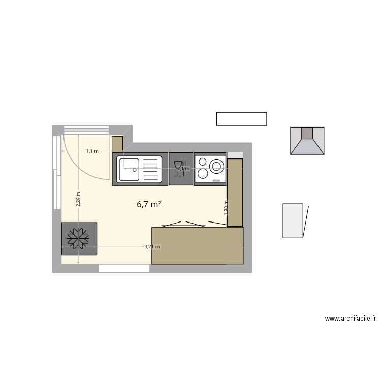 Cuisine. Plan de 2 pièces et 13 m2