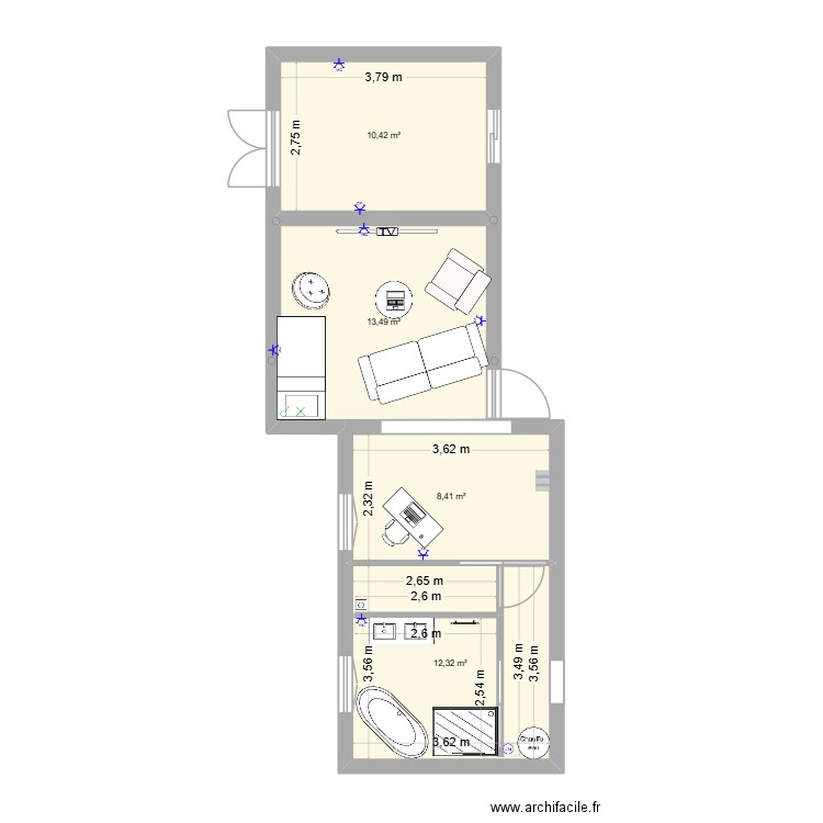 Aménangement bas. Plan de 4 pièces et 45 m2