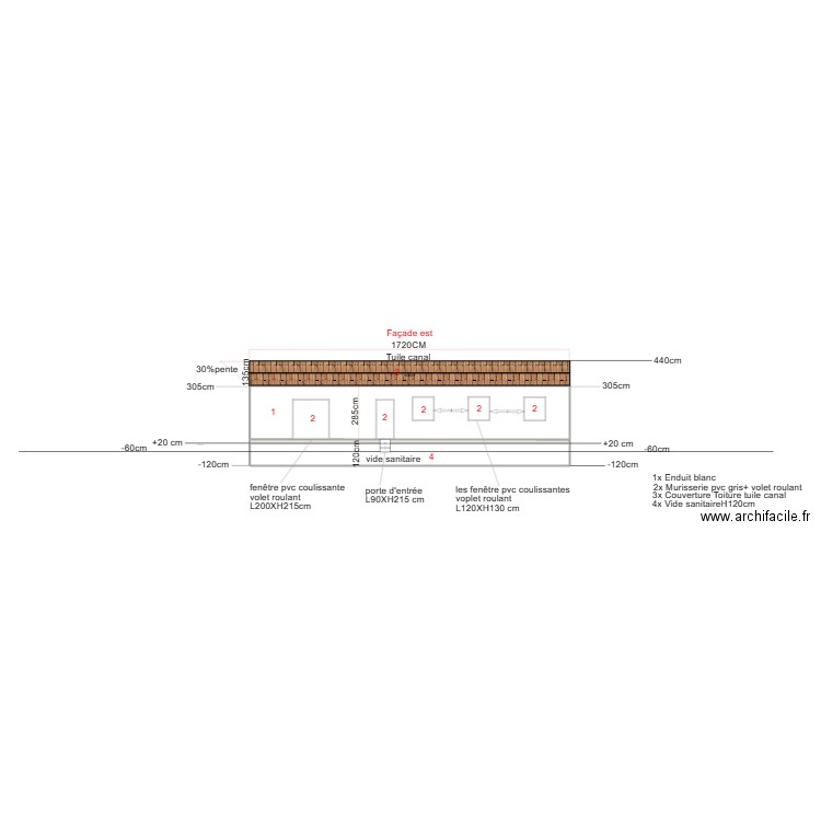 plan facade est 001. Plan de 3 pièces et 40 m2